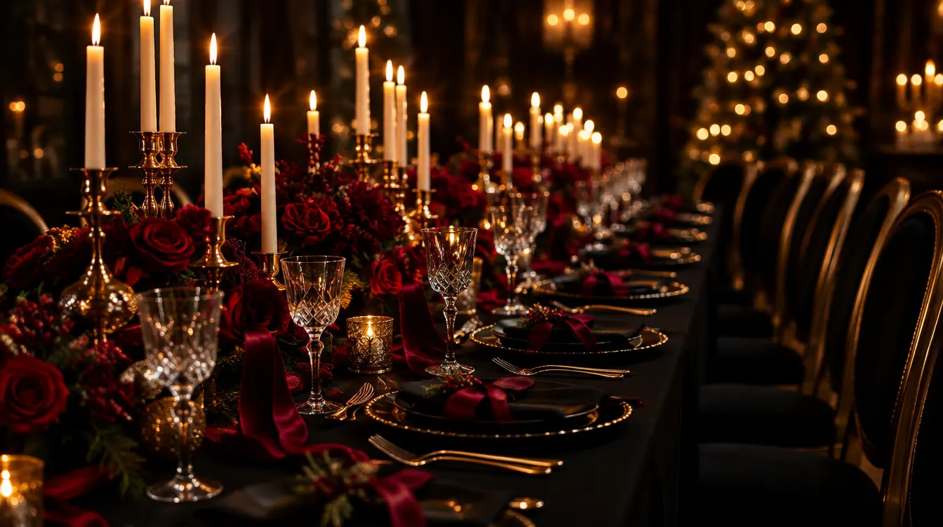 Festlich gedeckter Tisch mit Kerzen und roten Rosen